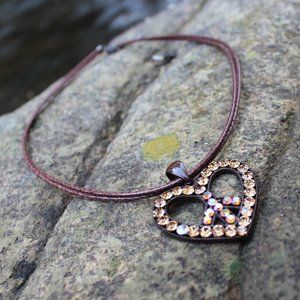 [5/$25] Brown Leather Cord Peach Crystal Peace Heart Choker Necklace